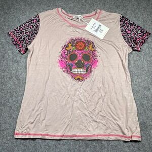 American Bling Womens Sugar Skull Leopard Print Top Khaki Pink 2X AB-T6003 NEW